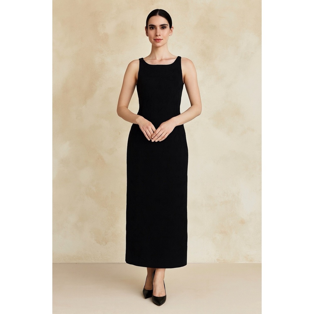 Marie St. Claire Black Embroidered Midi Dress SZ 6 Glam Evening Whimsy Timeless